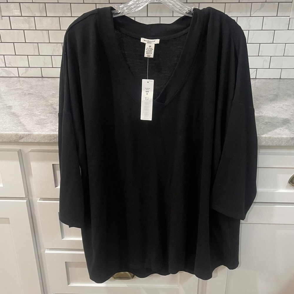 Westbound Tunic Shirt Womens 2X Black V Neck Dolman 3/4 Sleeve Stretch Top